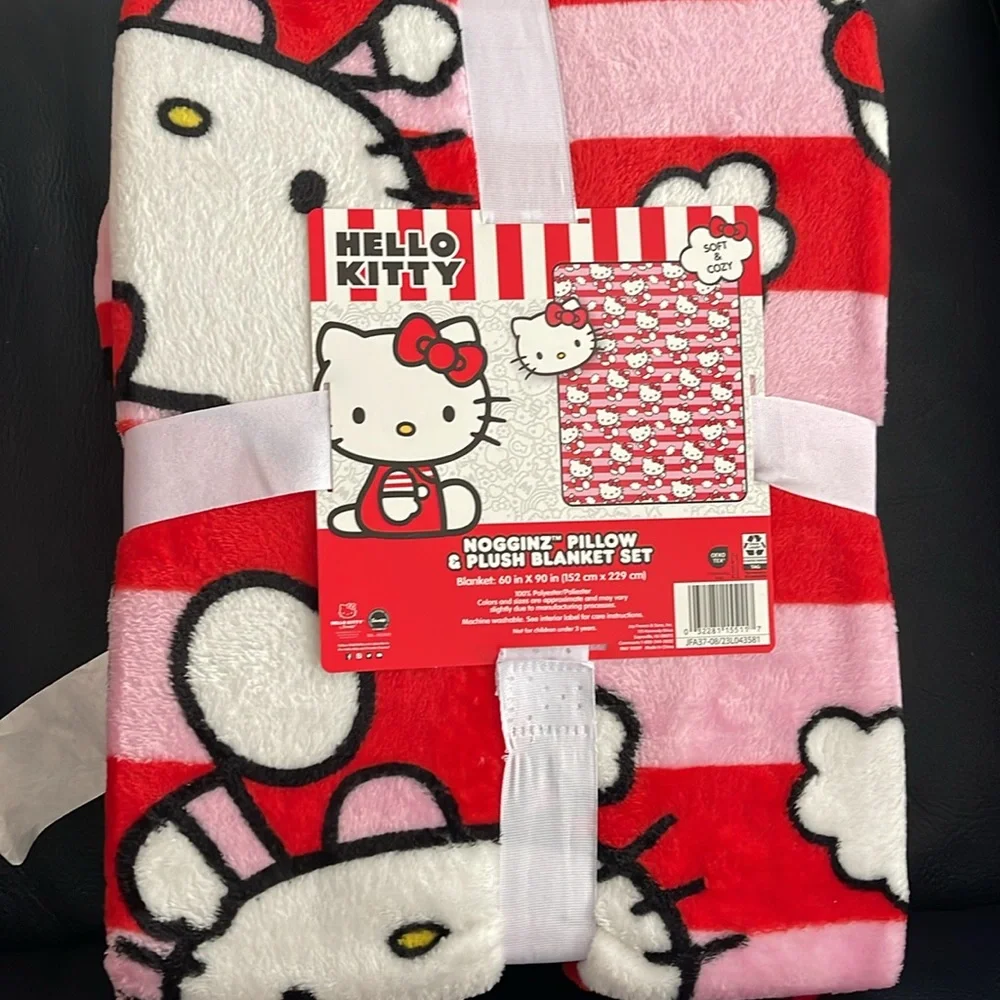 Hello Kitty Throw Pillow & Plush Blanket Set 60x90” Cute Cat Pink Red Nogginz